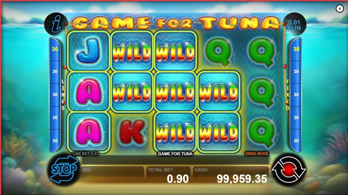 Tampilan visual slot Game for Tuna dengan tema memancing di laut dalam
